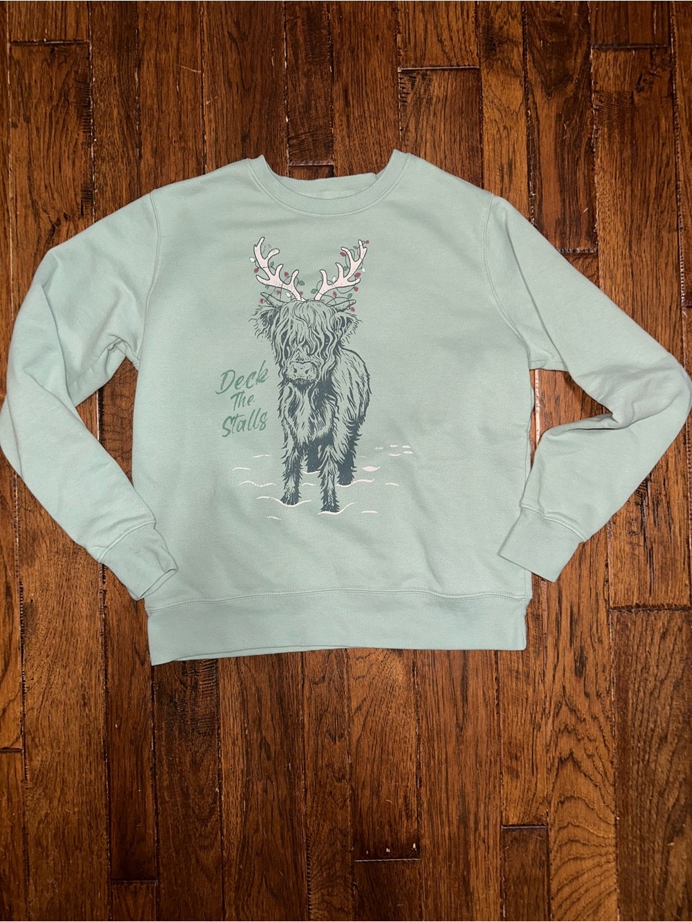 Tractor Supply Deck the Stalls Light Mint Crewneck with Holiday Highland Cow